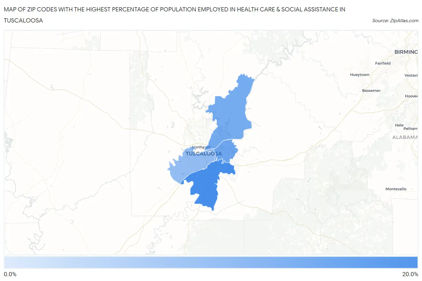 Zip Codes with the Highest Percentage of Population Employed in Health Care & Social Assistance in Tuscaloosa Map