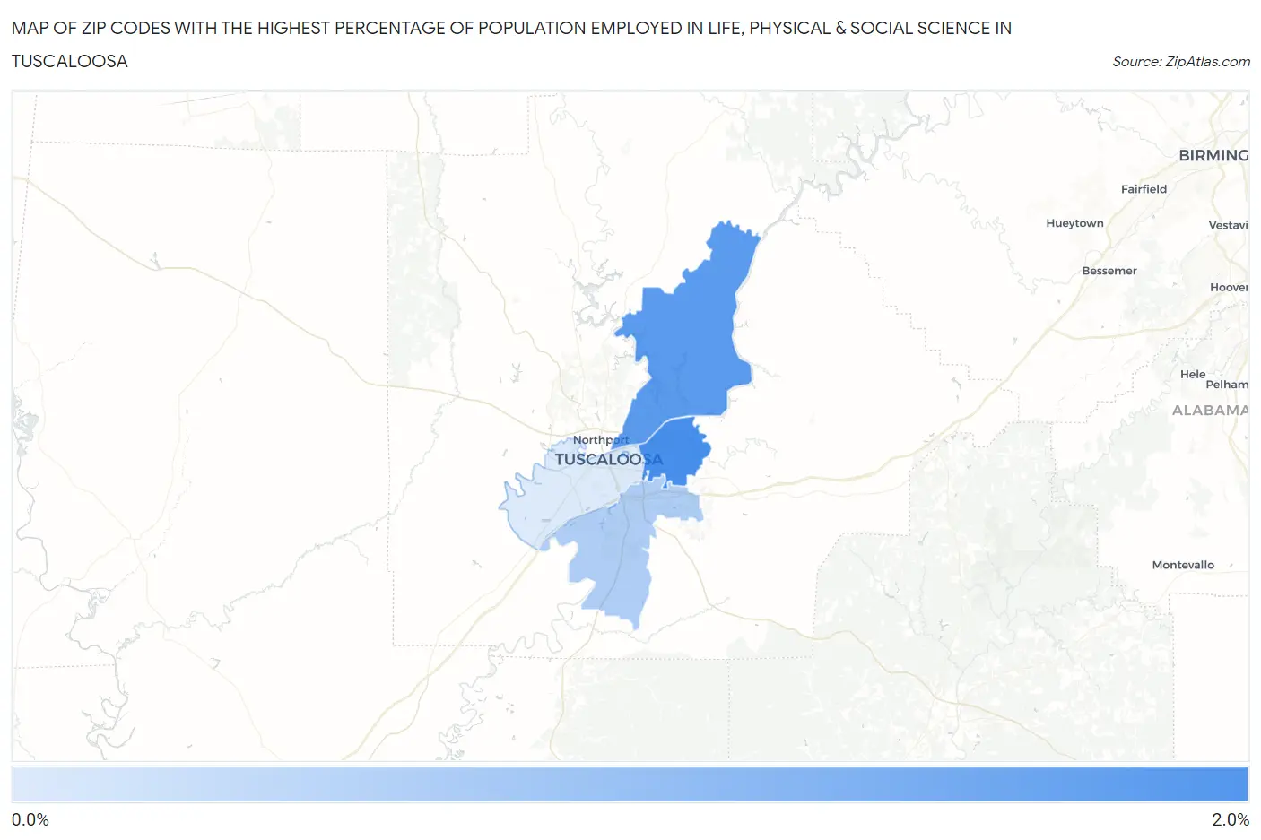 Zip Codes with the Highest Percentage of Population Employed in Life, Physical & Social Science in Tuscaloosa Map