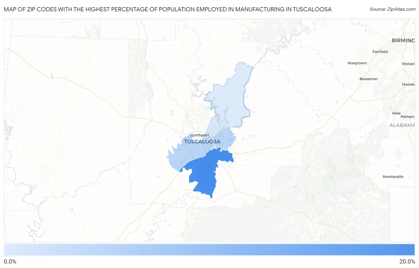 Zip Codes with the Highest Percentage of Population Employed in Manufacturing in Tuscaloosa Map