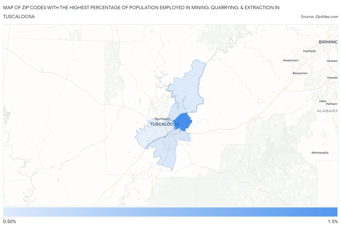 Zip Codes with the Highest Percentage of Population Employed in Mining, Quarrying, & Extraction in Tuscaloosa Map