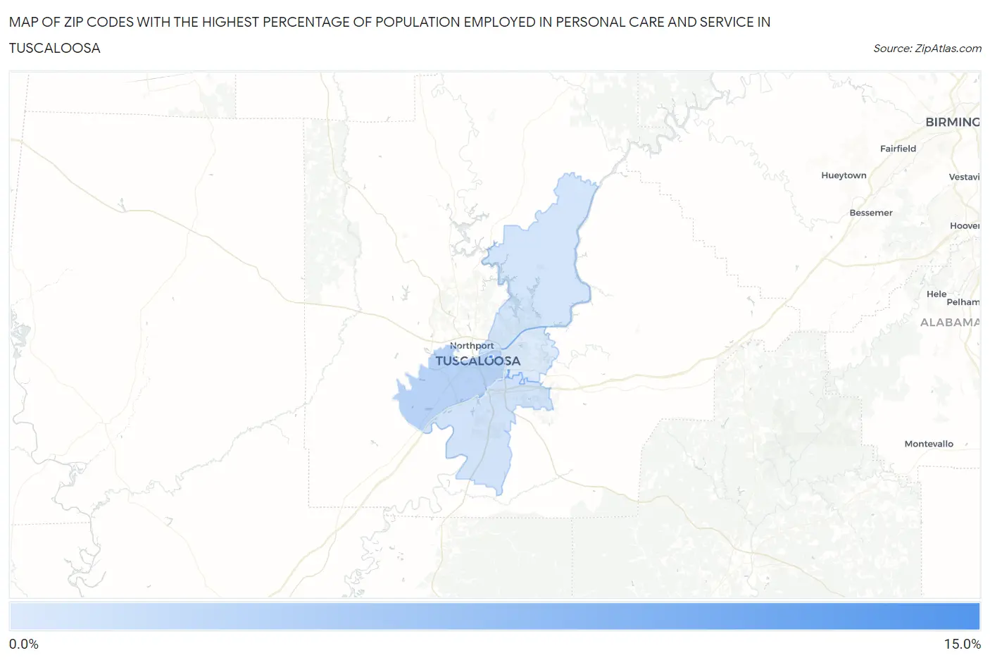 Zip Codes with the Highest Percentage of Population Employed in Personal Care and Service in Tuscaloosa Map