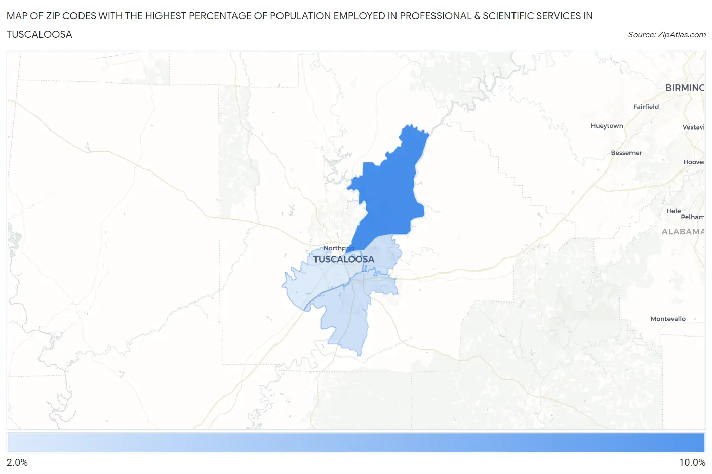 Zip Codes with the Highest Percentage of Population Employed in Professional & Scientific Services in Tuscaloosa Map