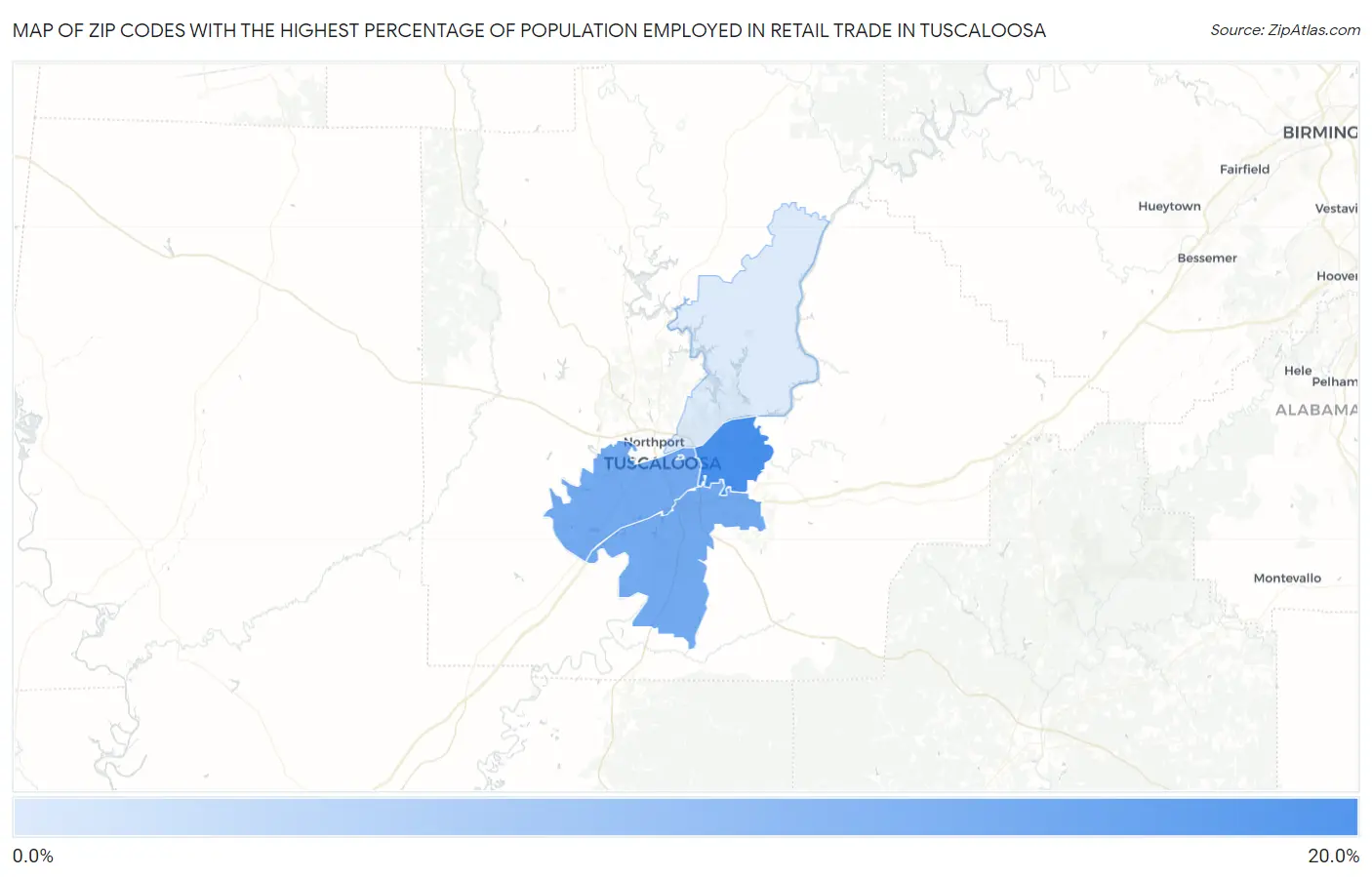 Zip Codes with the Highest Percentage of Population Employed in Retail Trade in Tuscaloosa Map