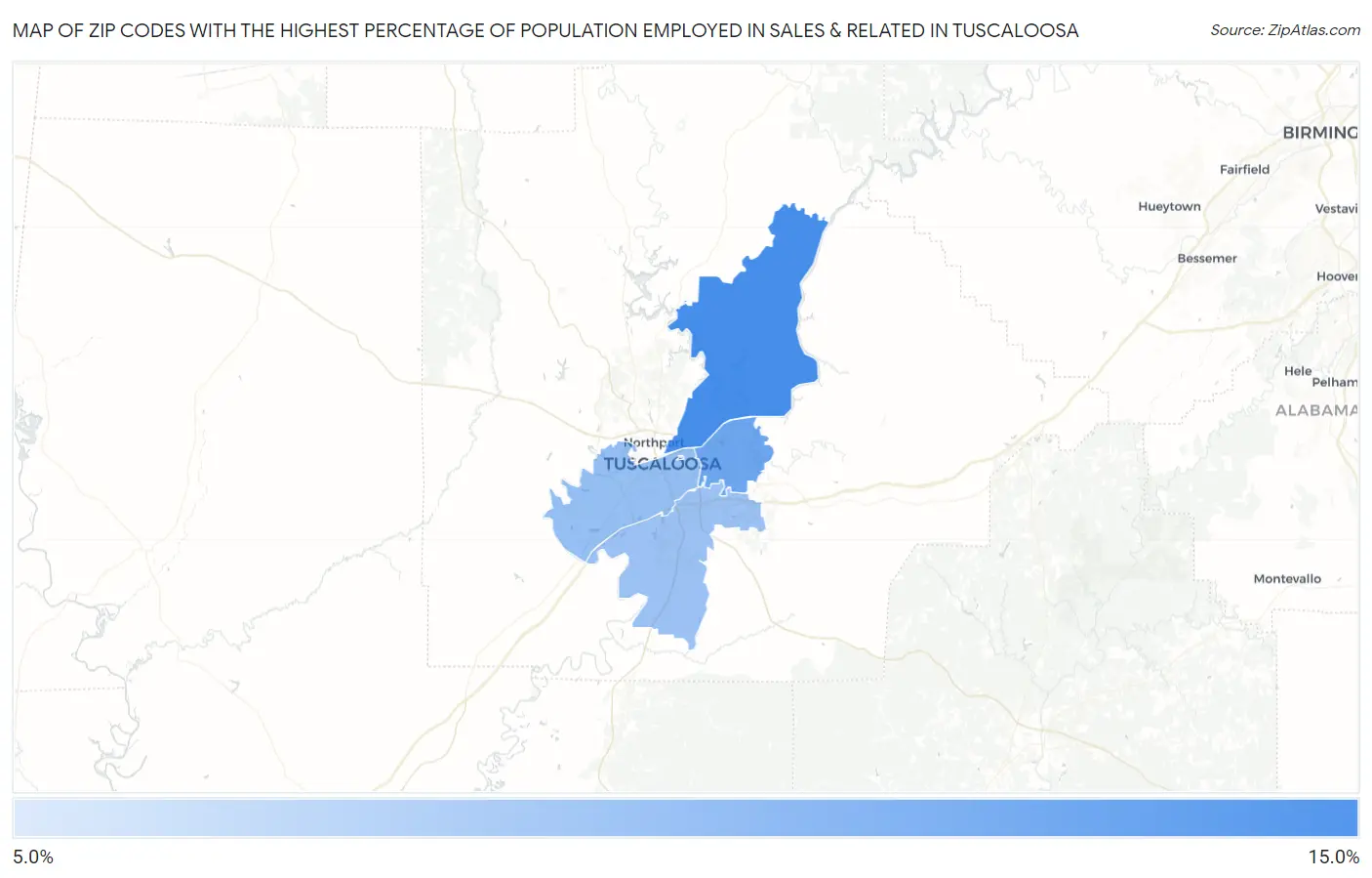 Zip Codes with the Highest Percentage of Population Employed in Sales & Related in Tuscaloosa Map