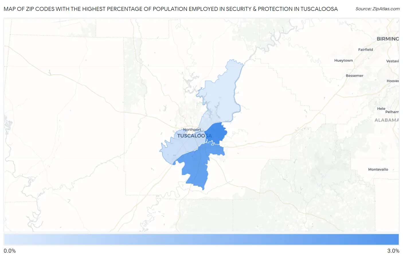 Zip Codes with the Highest Percentage of Population Employed in Security & Protection in Tuscaloosa Map