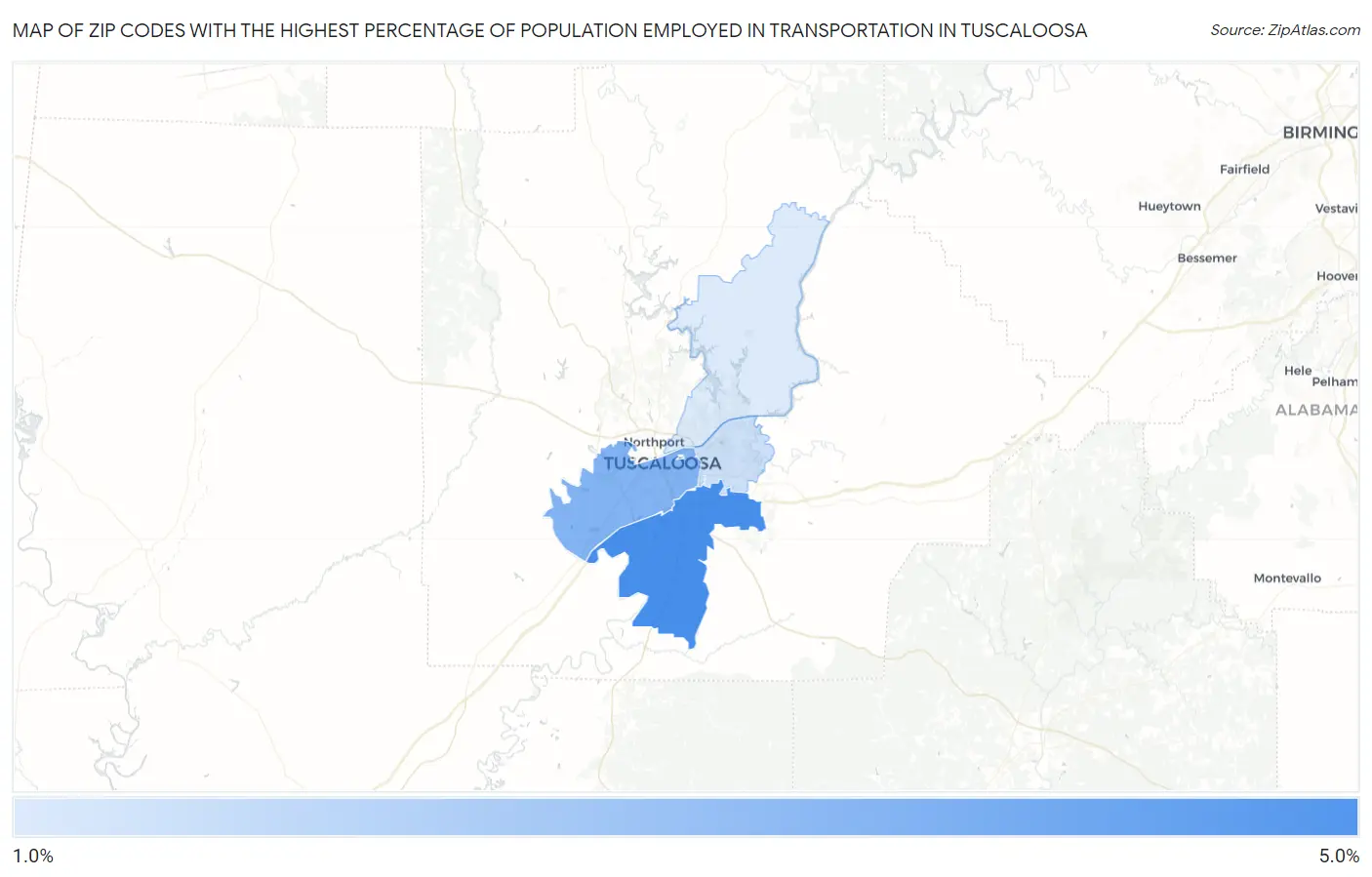 Zip Codes with the Highest Percentage of Population Employed in Transportation in Tuscaloosa Map