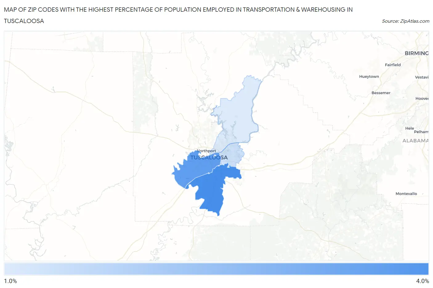 Zip Codes with the Highest Percentage of Population Employed in Transportation & Warehousing in Tuscaloosa Map
