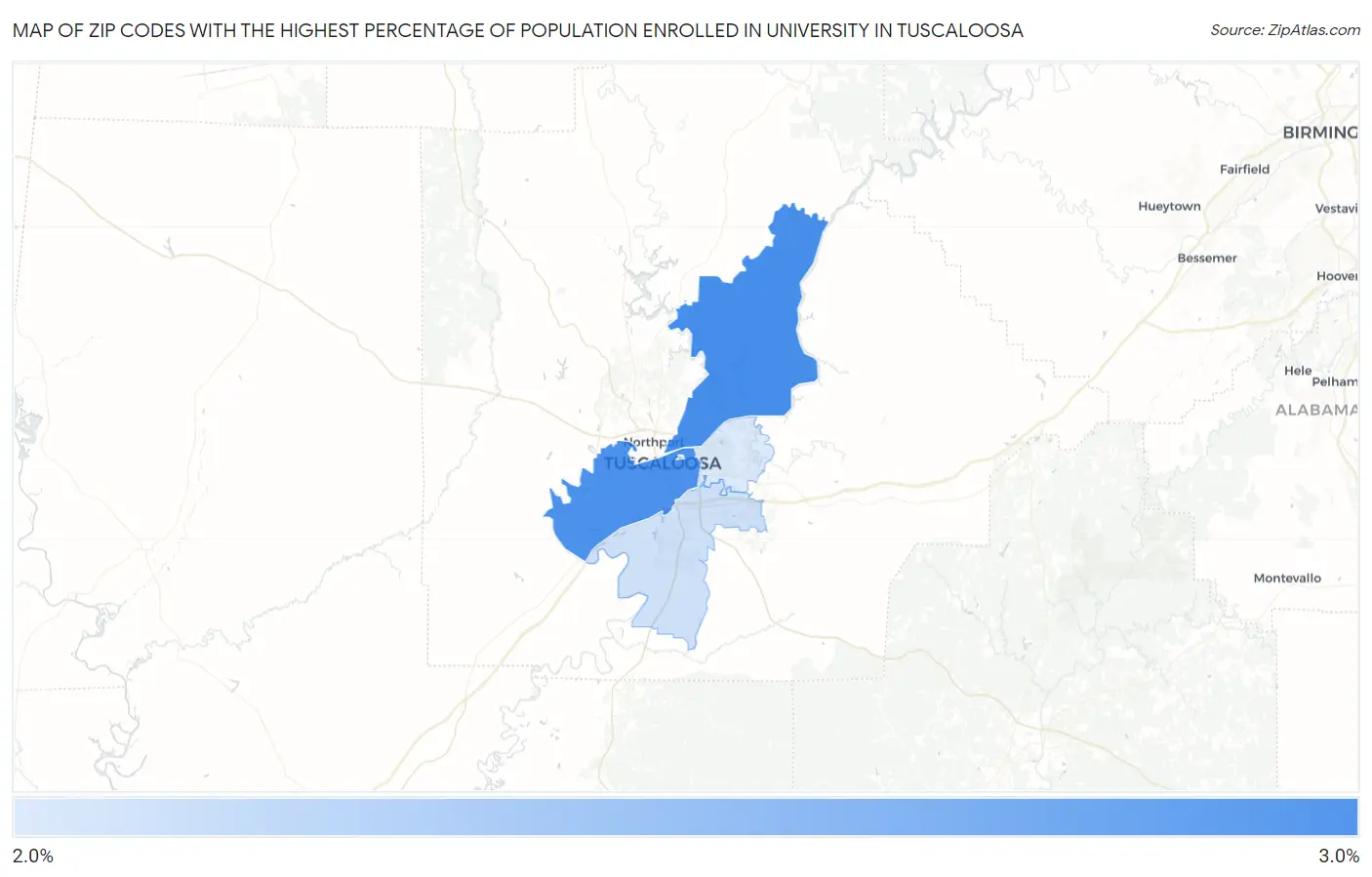 Zip Codes with the Highest Percentage of Population Enrolled in University in Tuscaloosa Map