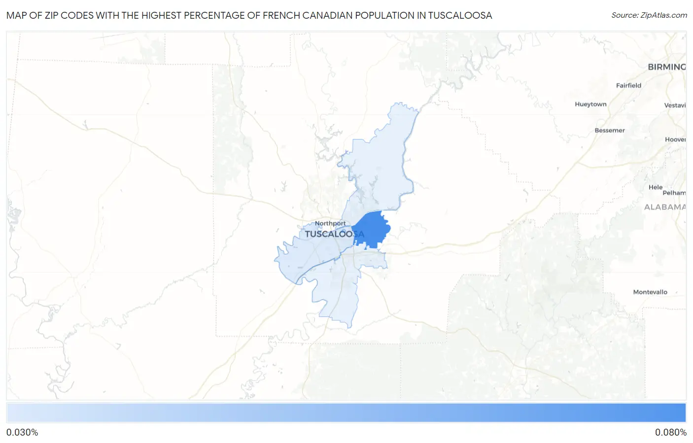 Zip Codes with the Highest Percentage of French Canadian Population in Tuscaloosa Map