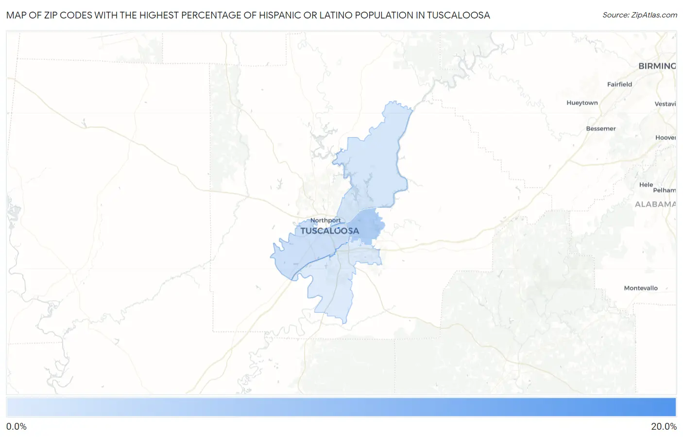 Zip Codes with the Highest Percentage of Hispanic or Latino Population in Tuscaloosa Map