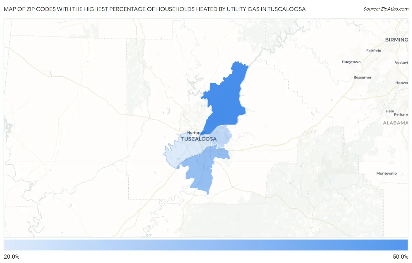 Zip Codes with the Highest Percentage of Households Heated by Utility Gas in Tuscaloosa Map