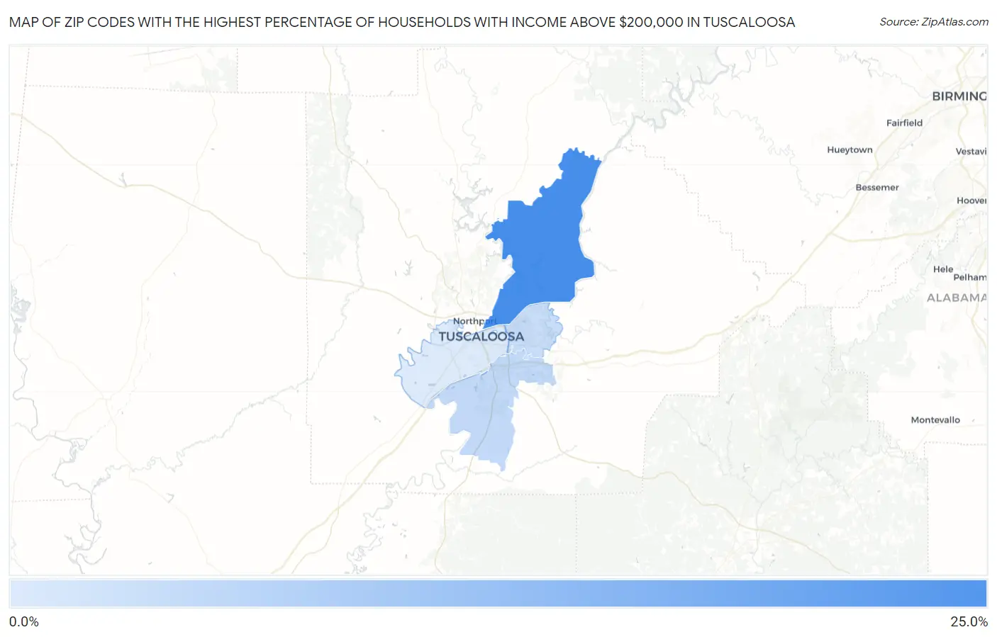 Zip Codes with the Highest Percentage of Households with Income Above $200,000 in Tuscaloosa Map