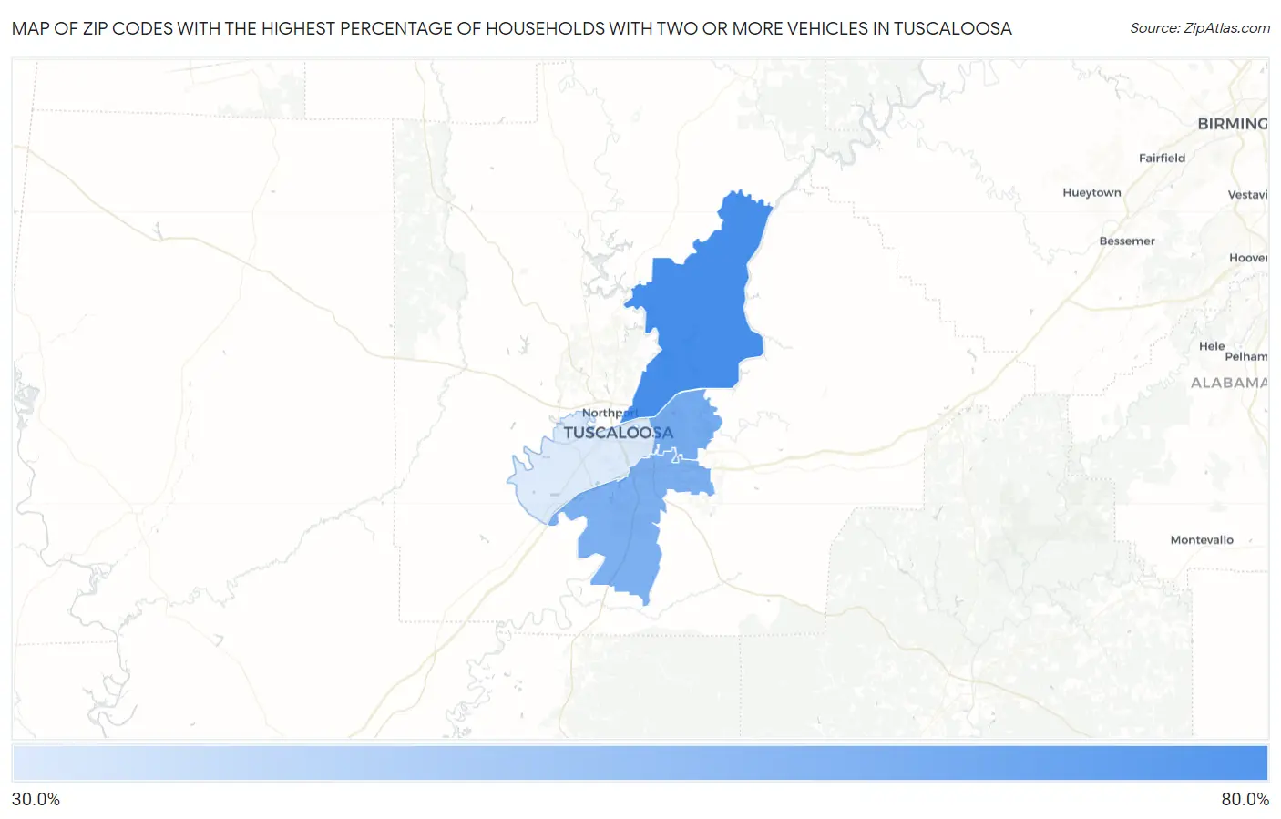 Zip Codes with the Highest Percentage of Households With Two or more Vehicles in Tuscaloosa Map