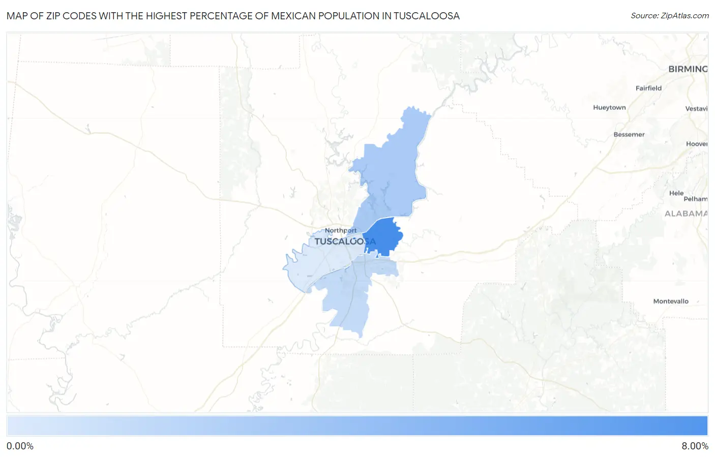 Zip Codes with the Highest Percentage of Mexican Population in Tuscaloosa Map