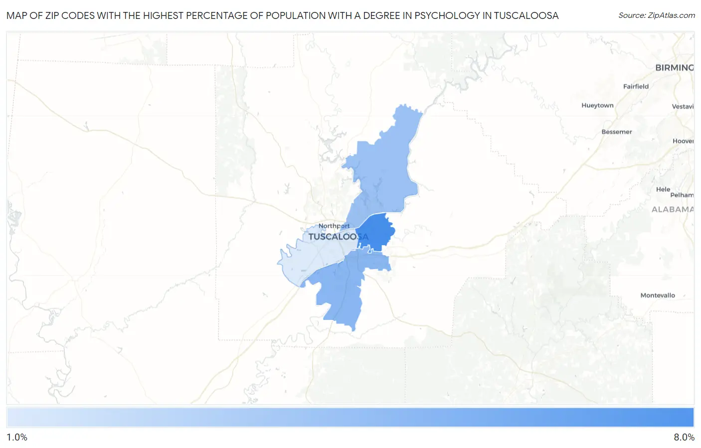Zip Codes with the Highest Percentage of Population with a Degree in Psychology in Tuscaloosa Map
