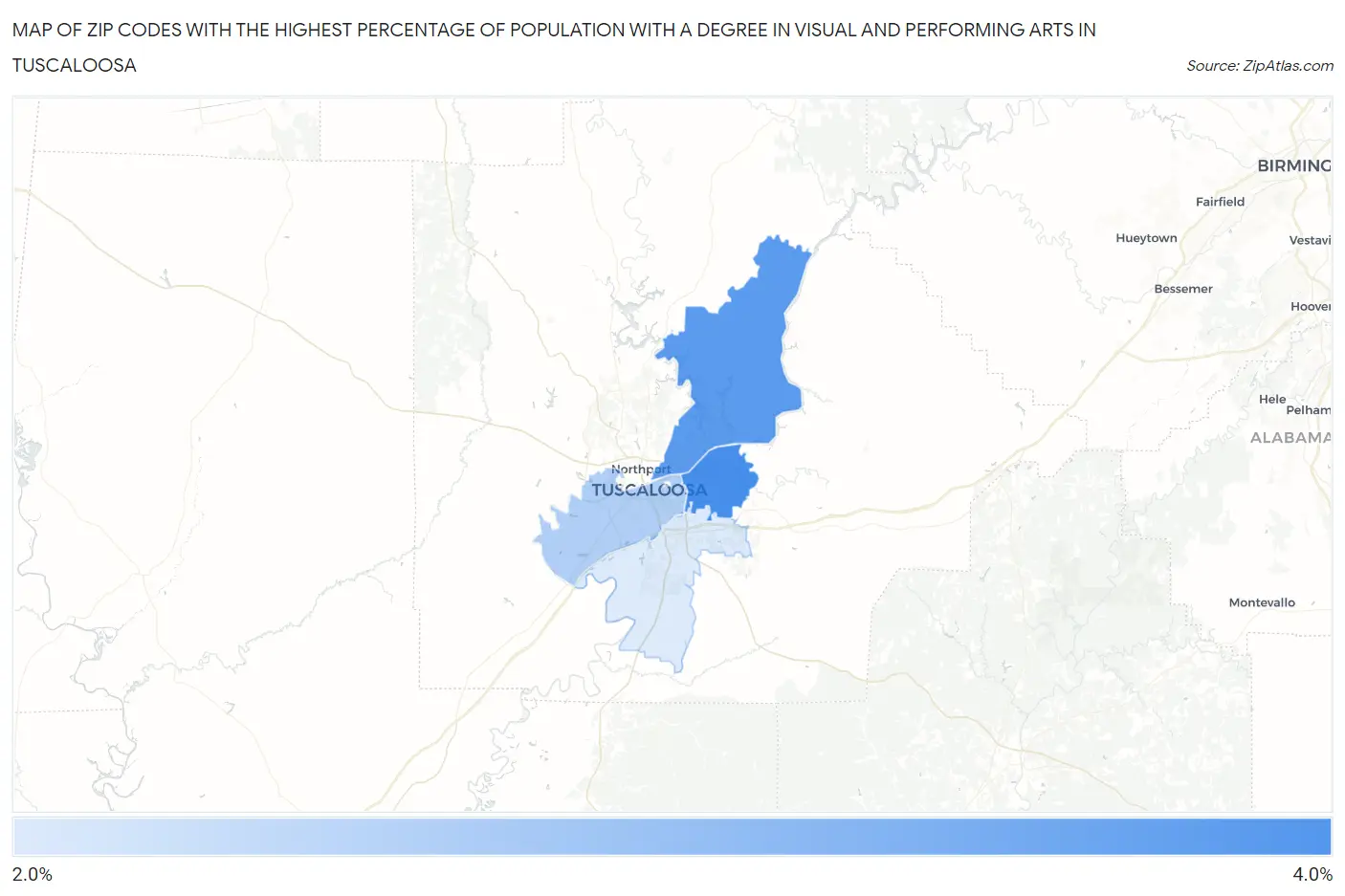 Zip Codes with the Highest Percentage of Population with a Degree in Visual and Performing Arts in Tuscaloosa Map