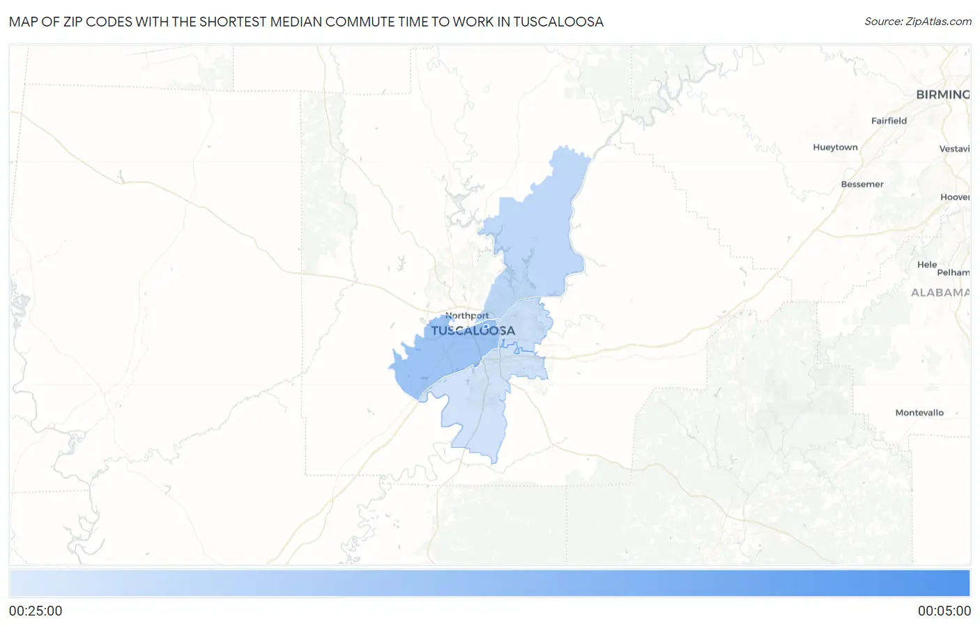 Zip Codes with the Shortest Median Commute Time to Work in Tuscaloosa Map