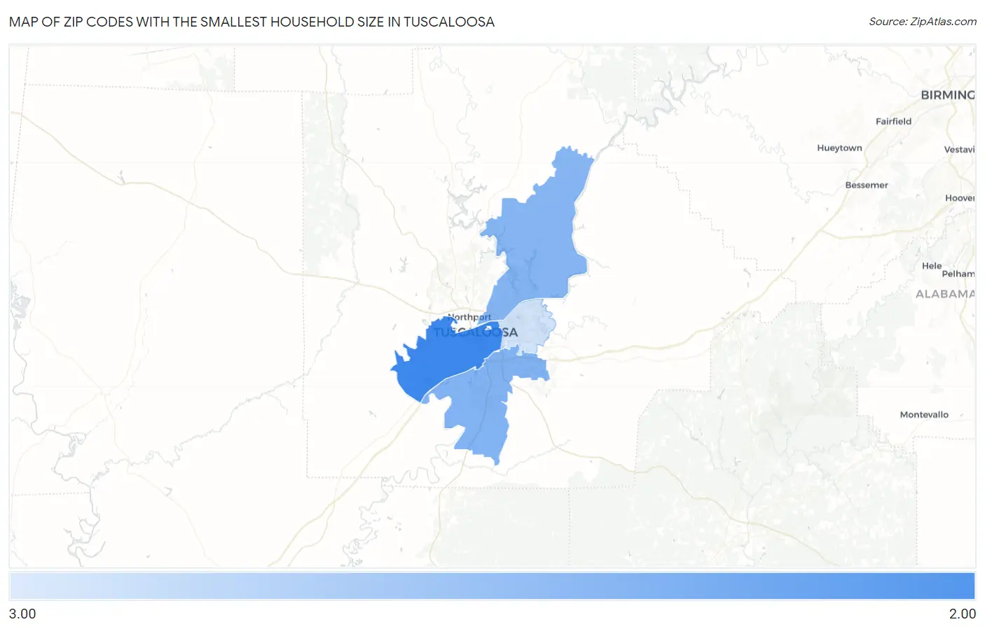 Zip Codes with the Smallest Household Size in Tuscaloosa Map