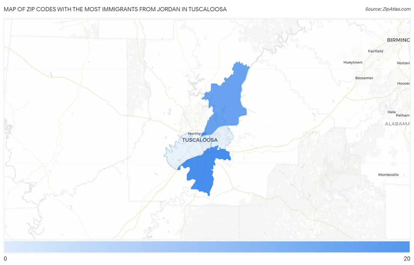 Zip Codes with the Most Immigrants from Jordan in Tuscaloosa Map