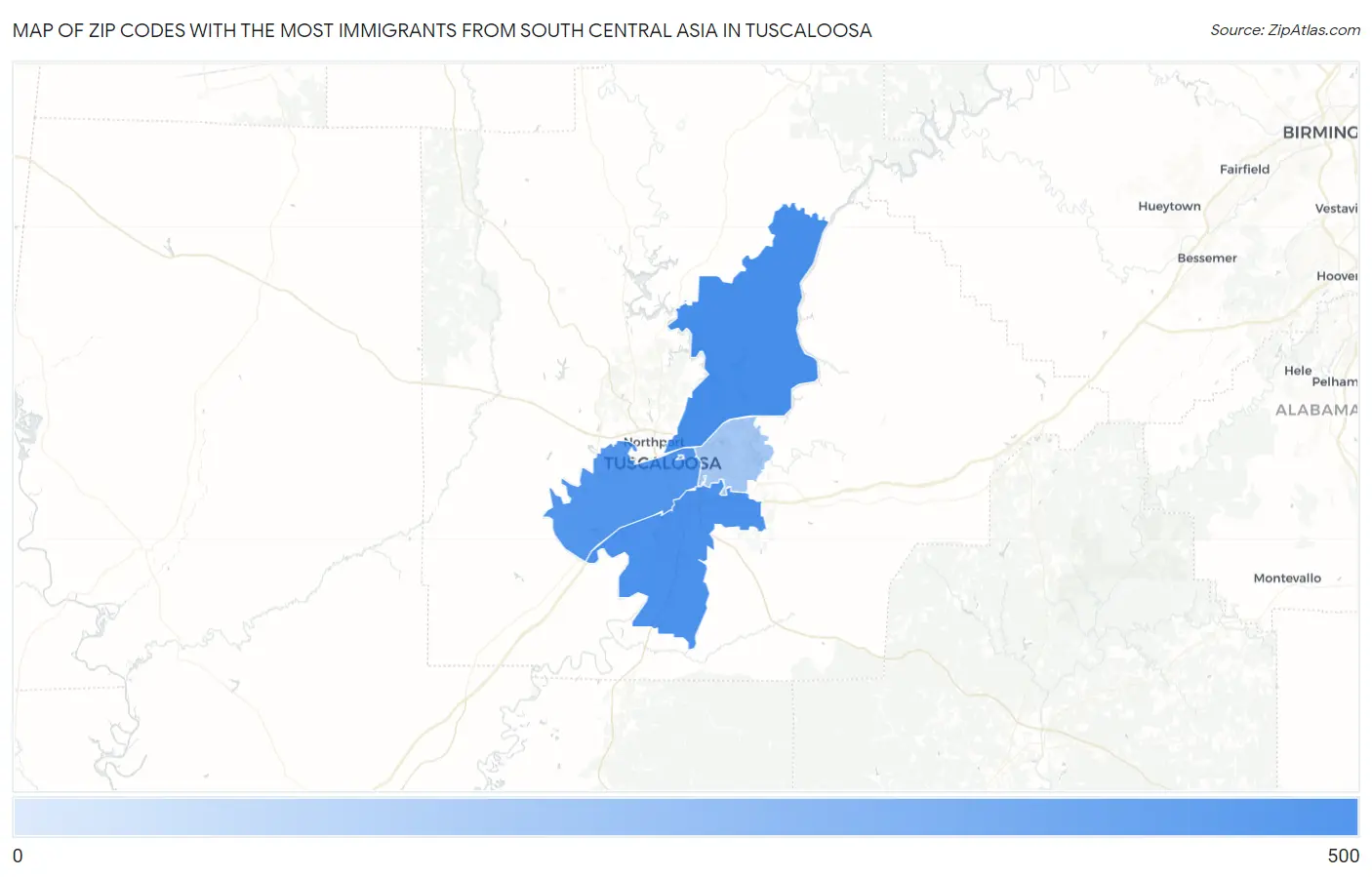 Zip Codes with the Most Immigrants from South Central Asia in Tuscaloosa Map