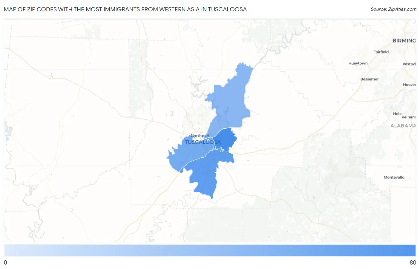 Zip Codes with the Most Immigrants from Western Asia in Tuscaloosa Map