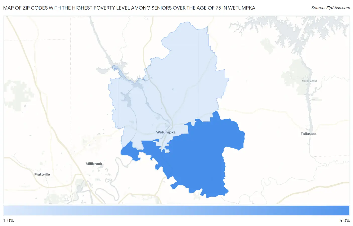 Zip Codes with the Highest Poverty Level Among Seniors Over the Age of 75 in Wetumpka Map