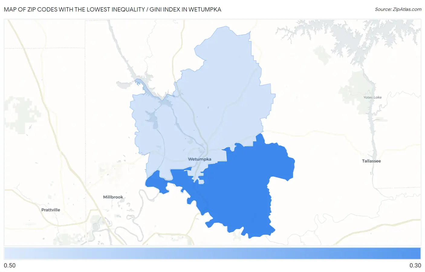 Zip Codes with the Lowest Inequality / Gini Index in Wetumpka Map