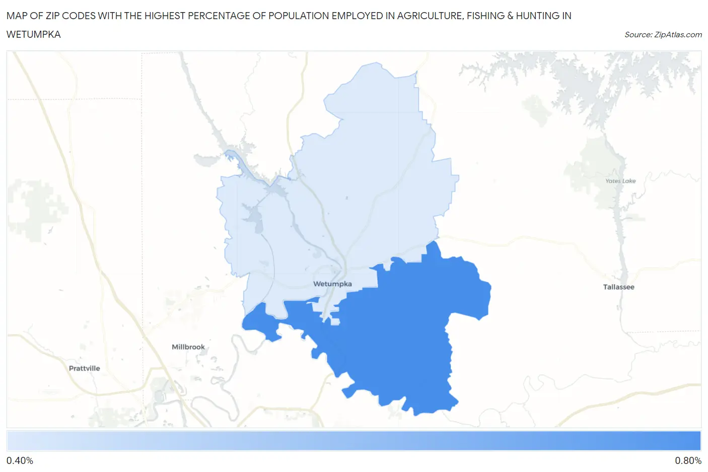 Zip Codes with the Highest Percentage of Population Employed in Agriculture, Fishing & Hunting in Wetumpka Map