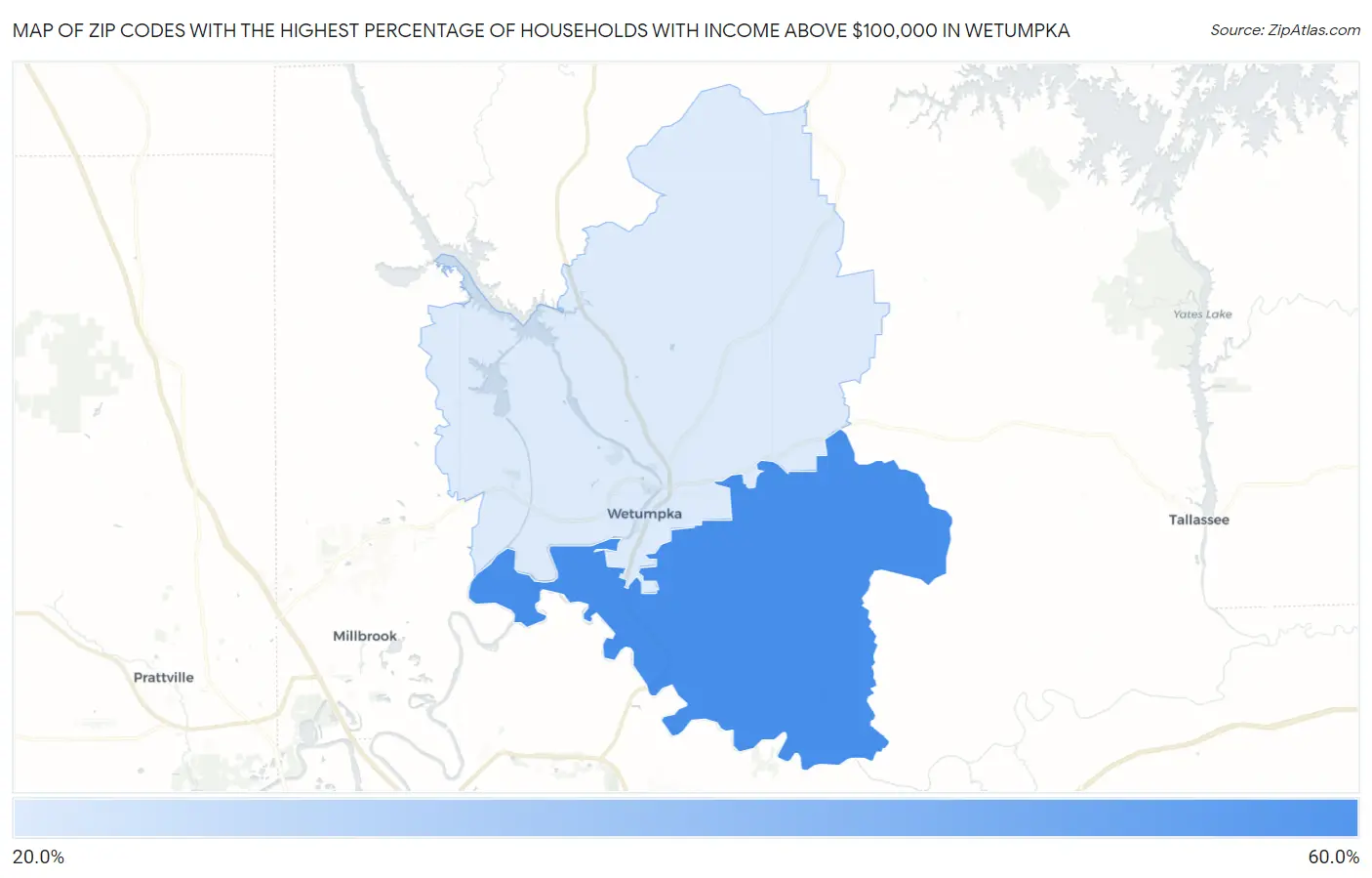 Zip Codes with the Highest Percentage of Households with Income Above $100,000 in Wetumpka Map