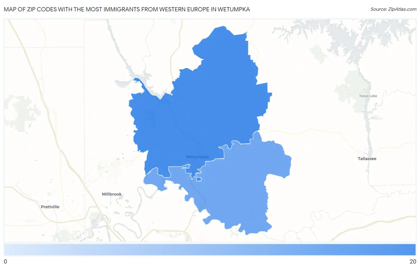 Zip Codes with the Most Immigrants from Western Europe in Wetumpka Map