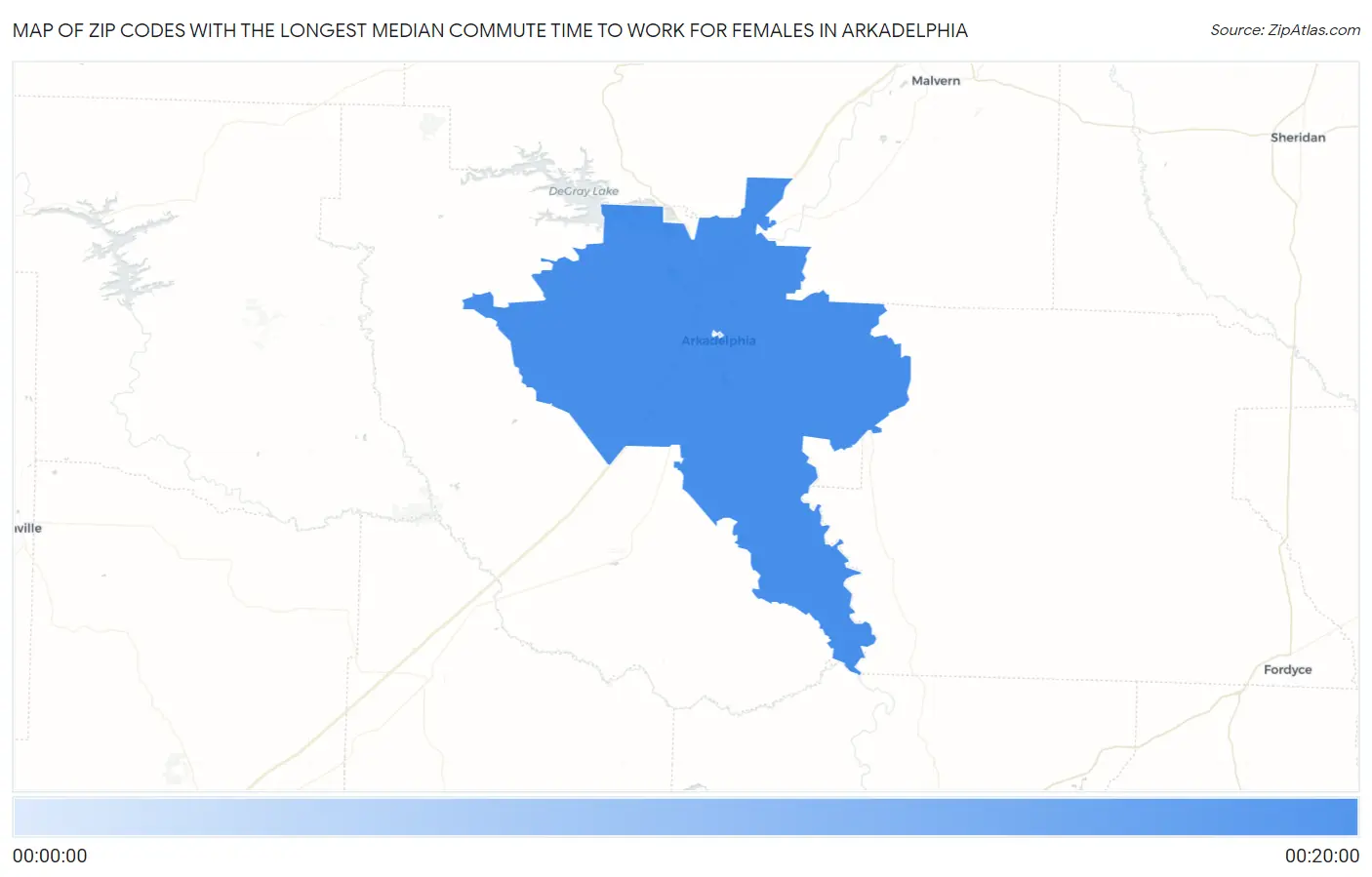 Zip Codes with the Longest Median Commute Time to Work for Females in Arkadelphia Map