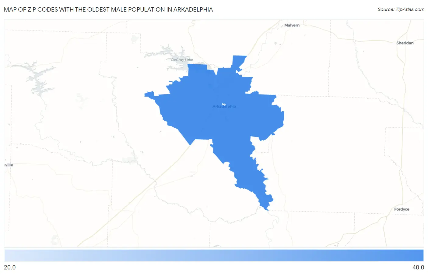 Zip Codes with the Oldest Male Population in Arkadelphia Map