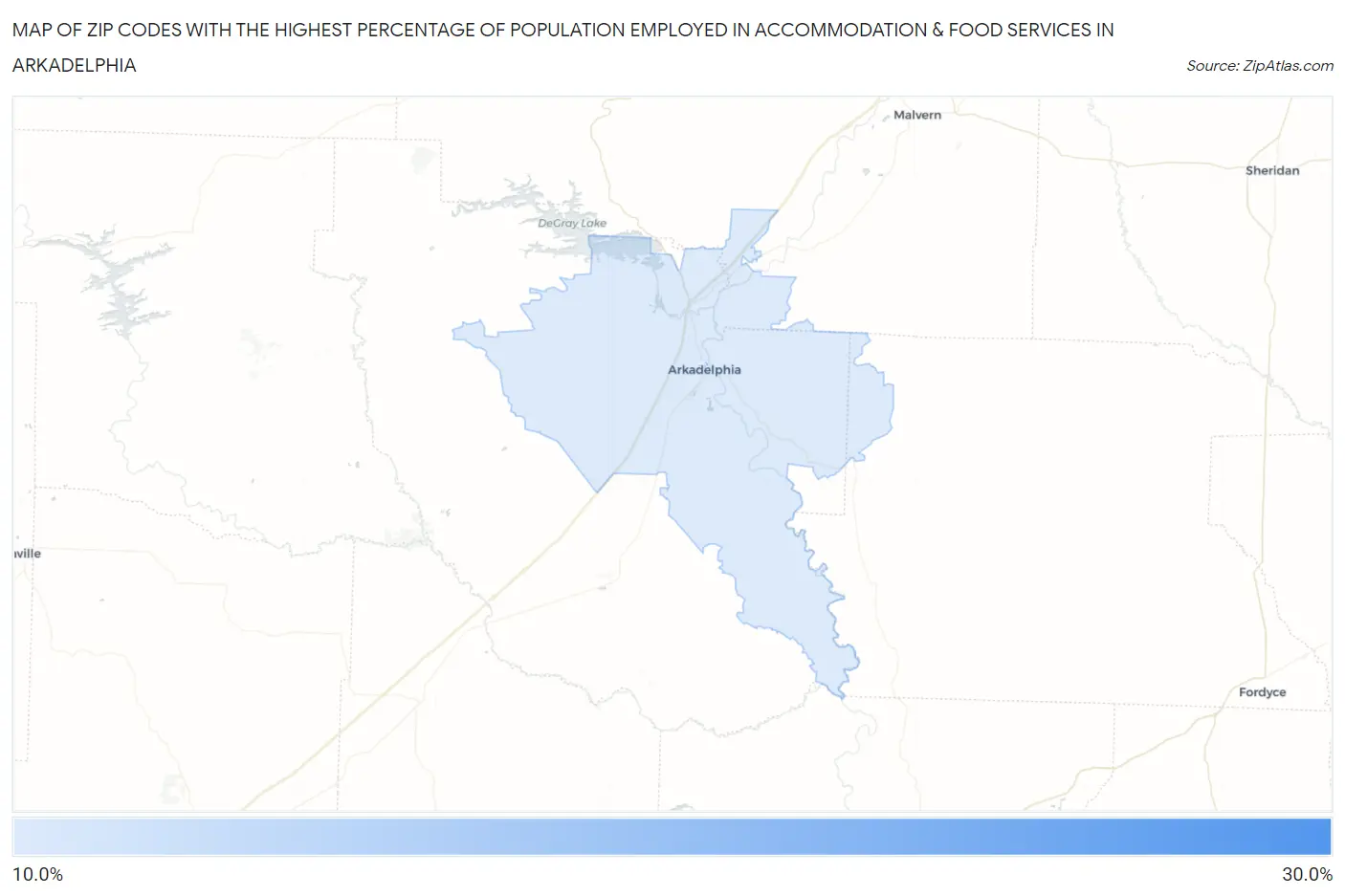 Zip Codes with the Highest Percentage of Population Employed in Accommodation & Food Services in Arkadelphia Map