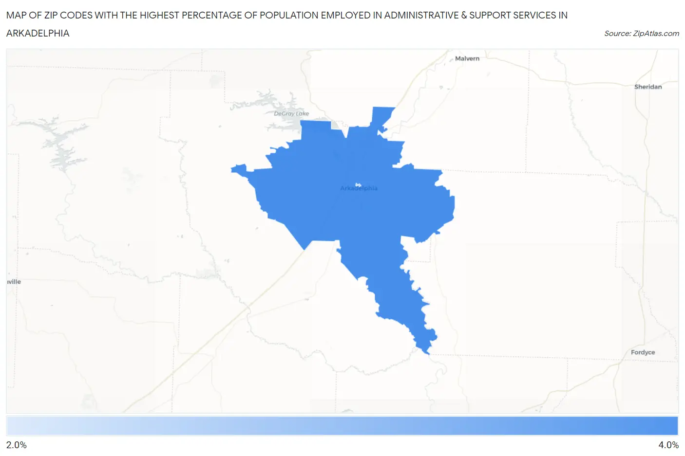 Zip Codes with the Highest Percentage of Population Employed in Administrative & Support Services in Arkadelphia Map