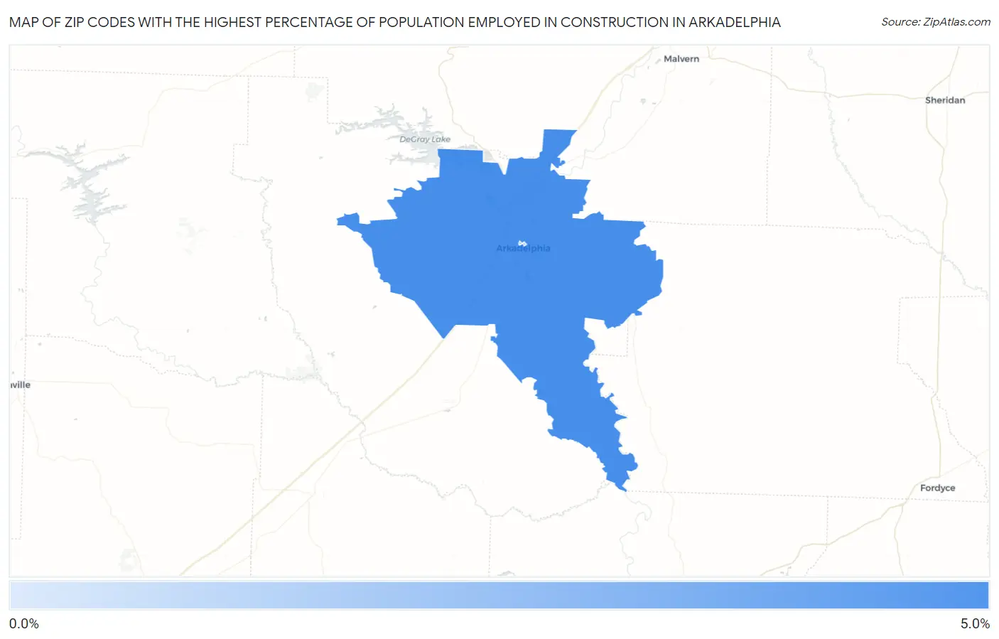 Zip Codes with the Highest Percentage of Population Employed in Construction in Arkadelphia Map