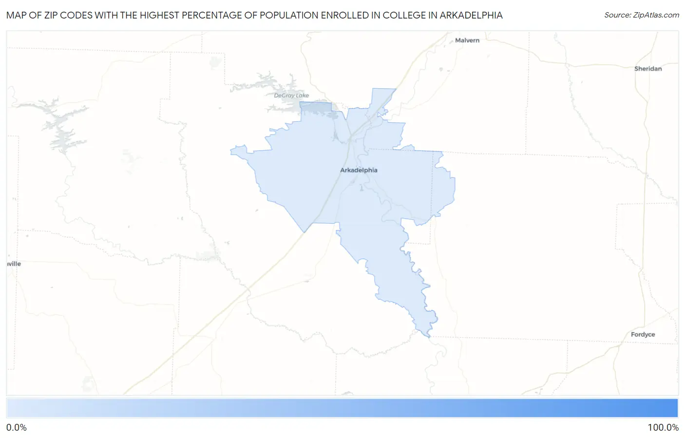 Zip Codes with the Highest Percentage of Population Enrolled in College in Arkadelphia Map