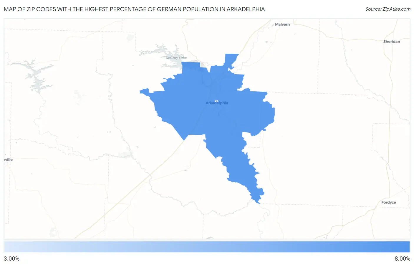 Zip Codes with the Highest Percentage of German Population in Arkadelphia Map