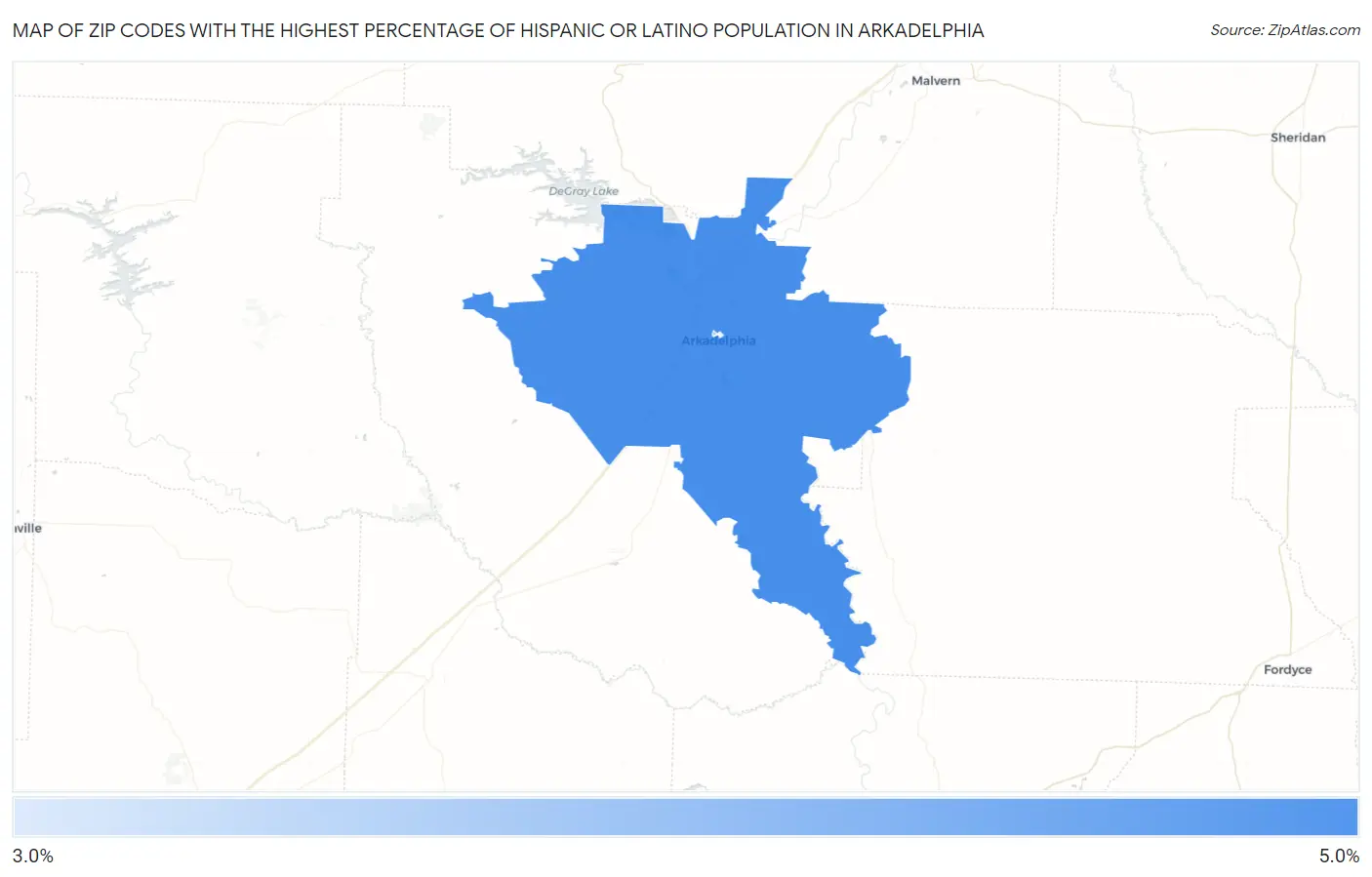 Zip Codes with the Highest Percentage of Hispanic or Latino Population in Arkadelphia Map