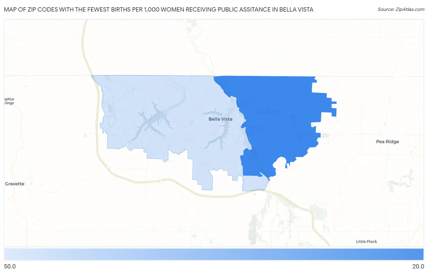 Zip Codes with the Fewest Births per 1,000 Women Receiving Public Assitance in Bella Vista Map