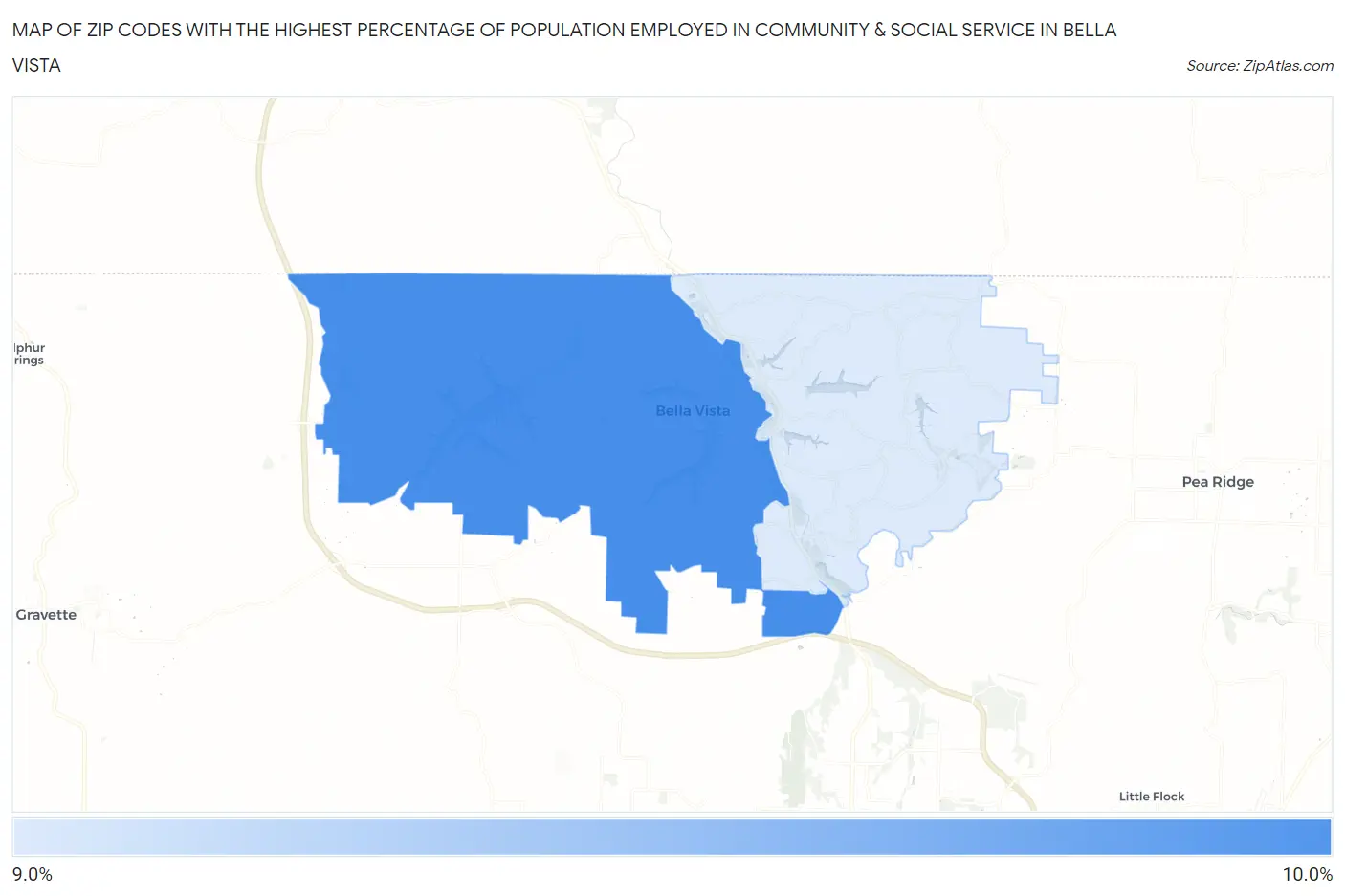 Zip Codes with the Highest Percentage of Population Employed in Community & Social Service  in Bella Vista Map