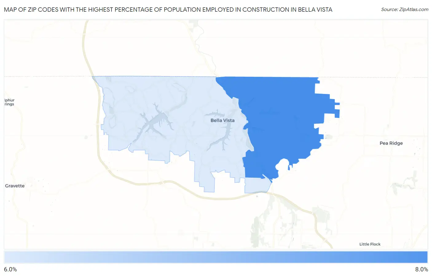 Zip Codes with the Highest Percentage of Population Employed in Construction in Bella Vista Map