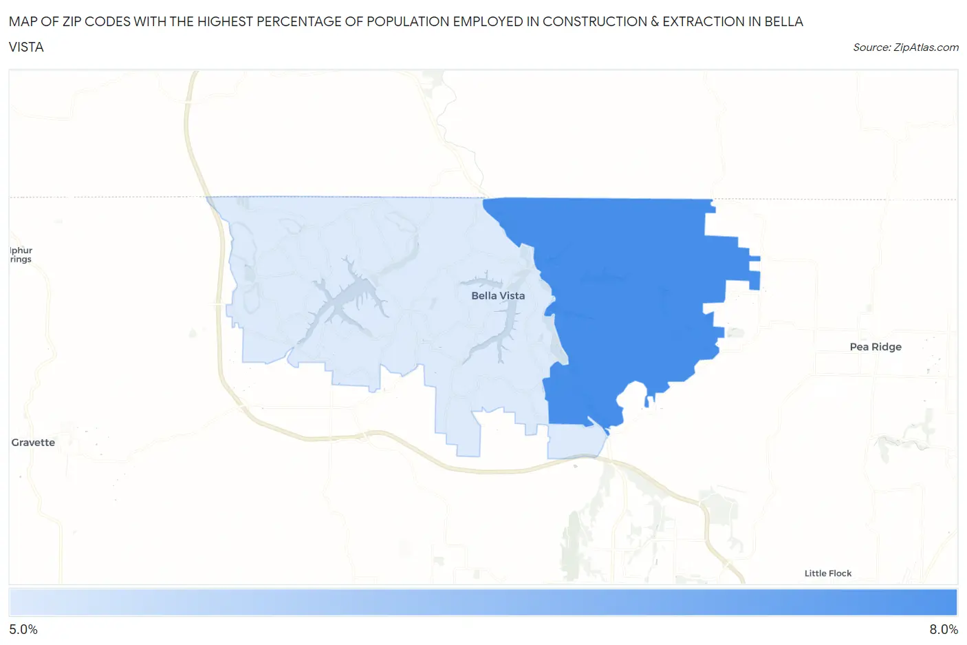 Zip Codes with the Highest Percentage of Population Employed in Construction & Extraction in Bella Vista Map