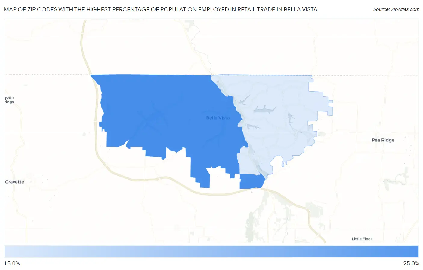 Zip Codes with the Highest Percentage of Population Employed in Retail Trade in Bella Vista Map