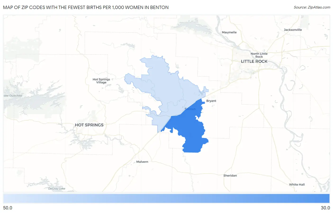 Zip Codes with the Fewest Births per 1,000 Women in Benton Map