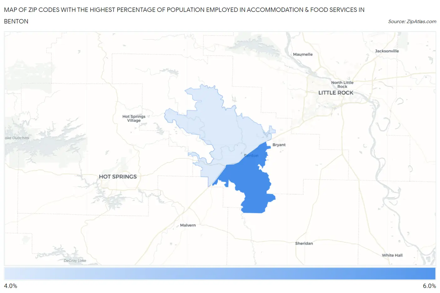 Zip Codes with the Highest Percentage of Population Employed in Accommodation & Food Services in Benton Map