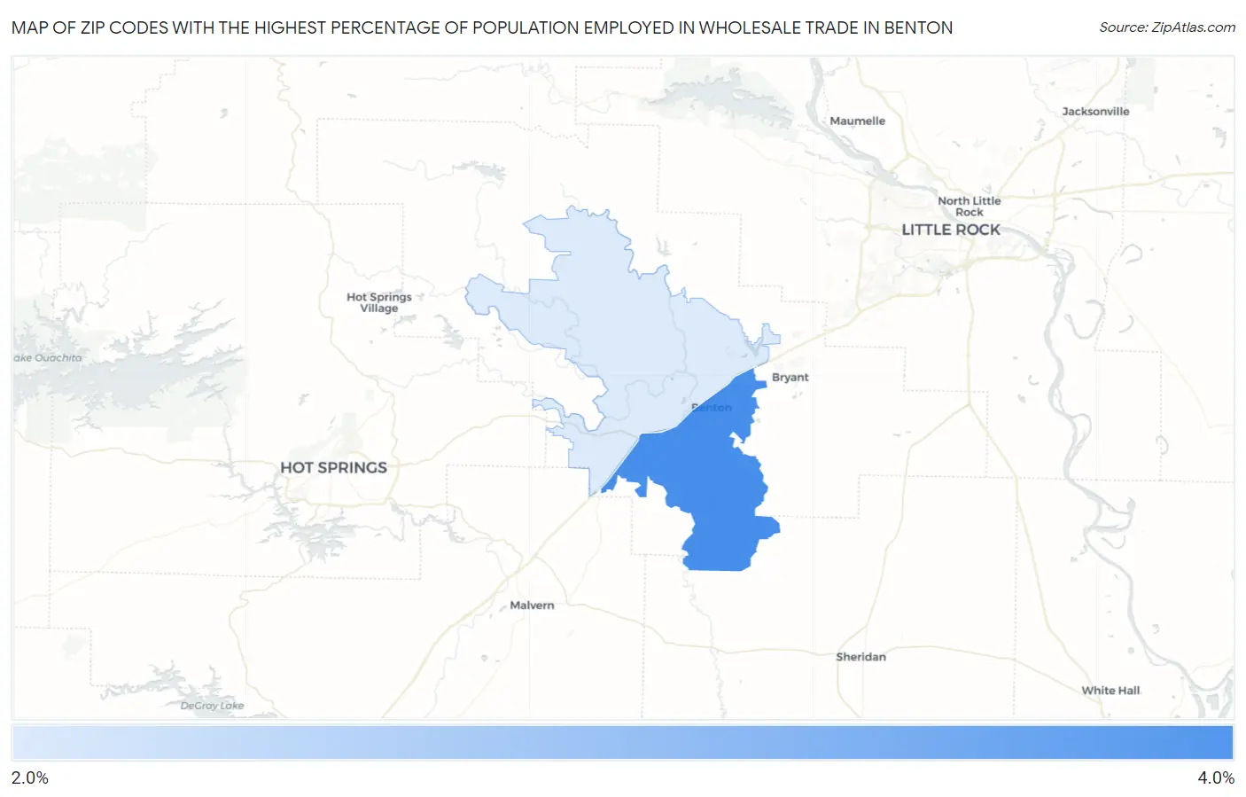 Zip Codes with the Highest Percentage of Population Employed in Wholesale Trade in Benton Map