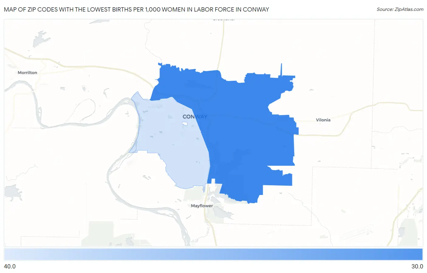 Zip Codes with the Lowest Births per 1,000 Women in Labor Force in Conway Map