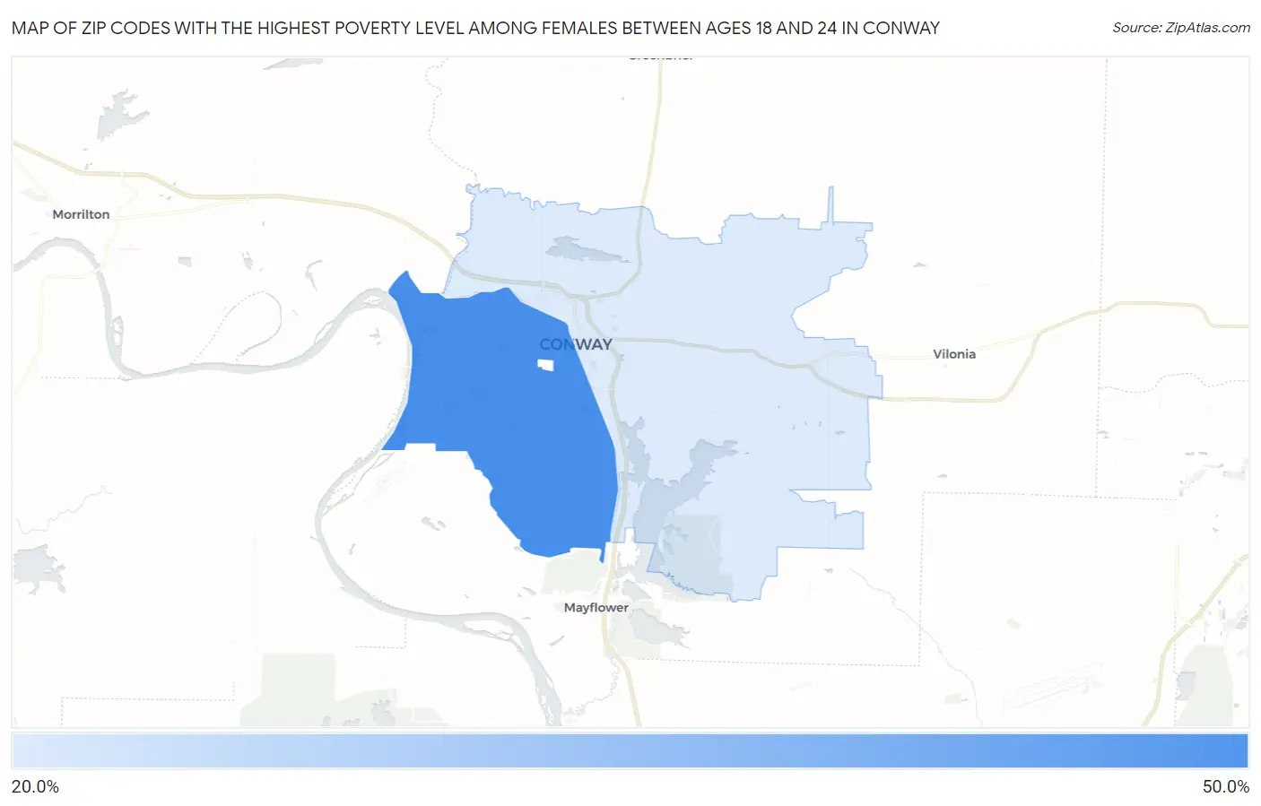Zip Codes with the Highest Poverty Level Among Females Between Ages 18 and 24 in Conway Map