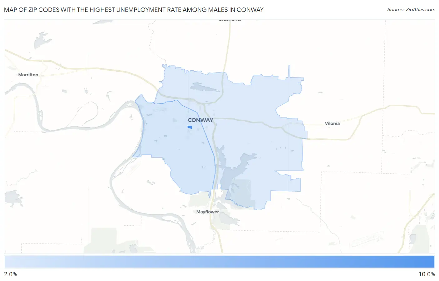 Zip Codes with the Highest Unemployment Rate Among Males in Conway Map