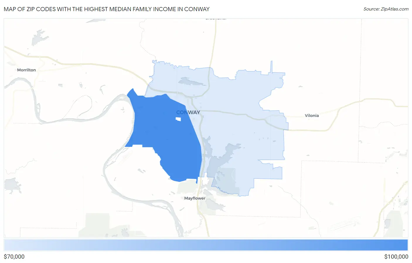 Zip Codes with the Highest Median Family Income in Conway Map